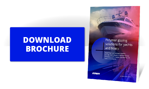 Picture with text "Download brochure" and cover image of "Polymer glazing solutions for yachts and boats" brochure
